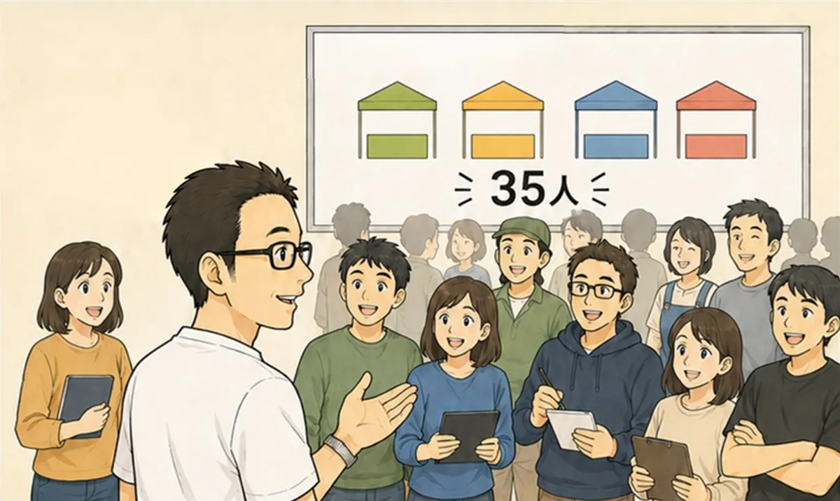 2025年。4ブース、35人のチームになった。(人数が増えたぶん、最初から役割を決めなきゃ……?)