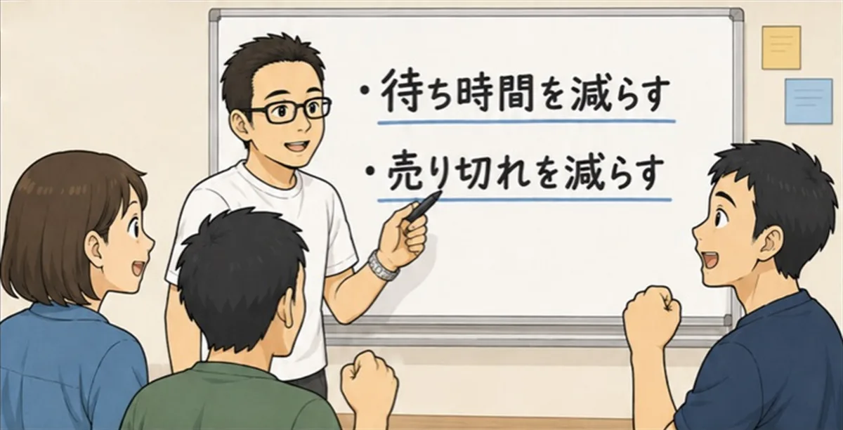 ホワイトボード「・待ち時間を減らす ・売り切れを減らす」。「今回は、この二つを中心に考えよう。」
