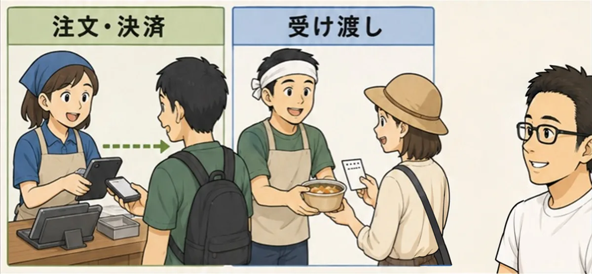 図「注文・決済」「受け渡し」。「決済と受け渡しを分けます。」「予約した方は、チケットで受け取れるようにしよう。」