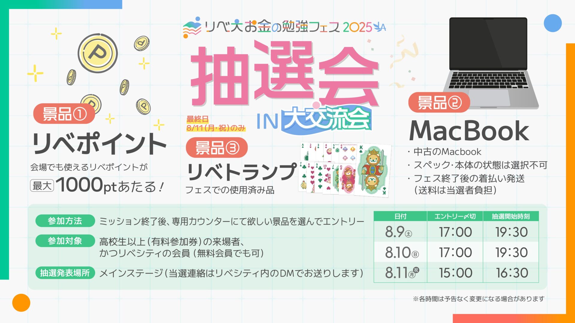 リベ大お金の勉強フェス2025 抽選会IN大交流会 最終日8月11日（月・祝）のみ 景品①リベポイント 開場でも使えるリベポイントが最大1000ptあたる！ 景品②MacBook 中古のMacBook スペック・本体の状態は選択不可 フェス終了後の着払い発送（送料は当選者負担） 景品③リベトランプ フェスでの使用済み品 参加方法 ミッション終了後、専用カウンターにて欲しい景品を選んでエントリー 参加対象 高校生以上（有料参加券）の来場者、かつリベシティの会員（無料会員でも可） 抽選発表場所 メインステージ（当選連絡はリベシティ内のDMでお送りします） 8月9日（土）・8月10日（日）のエントリー〆切は17:00、抽選開始時刻は19:30 8月11日（月・祝）のエントリー〆切は15:00、抽選開始時刻は16:30 ※各時間は予告なく変更になる場合があります。